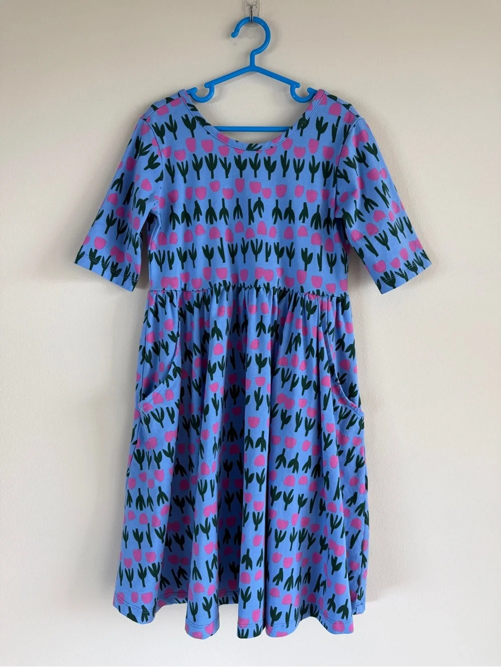 Hanna Andersson Girls Skater Dress Size 8 Blue Pink Tulip Print Pockets Cotton